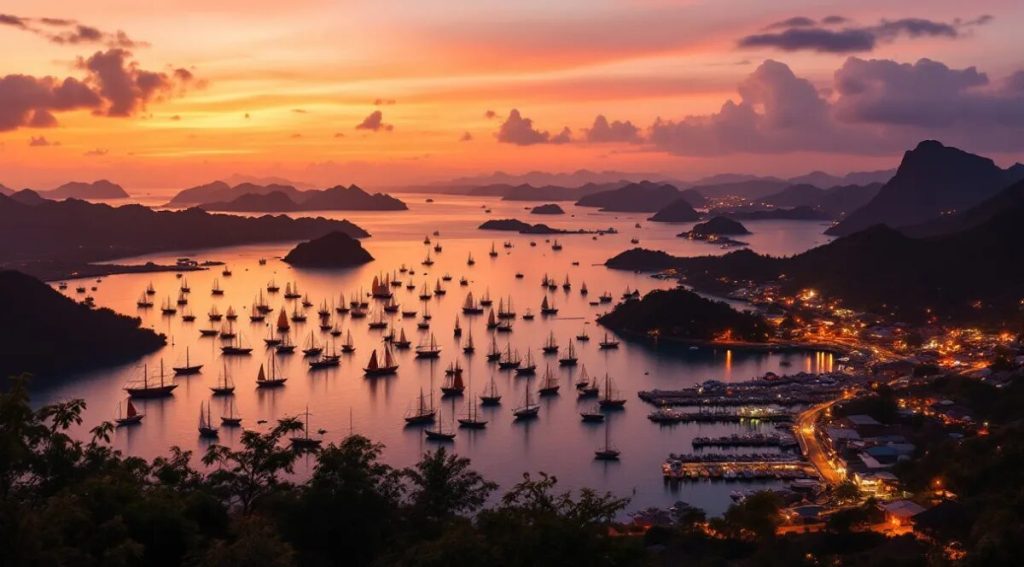 Labuan Bajo harbour at sunset with the liveaboard fleet at anchor