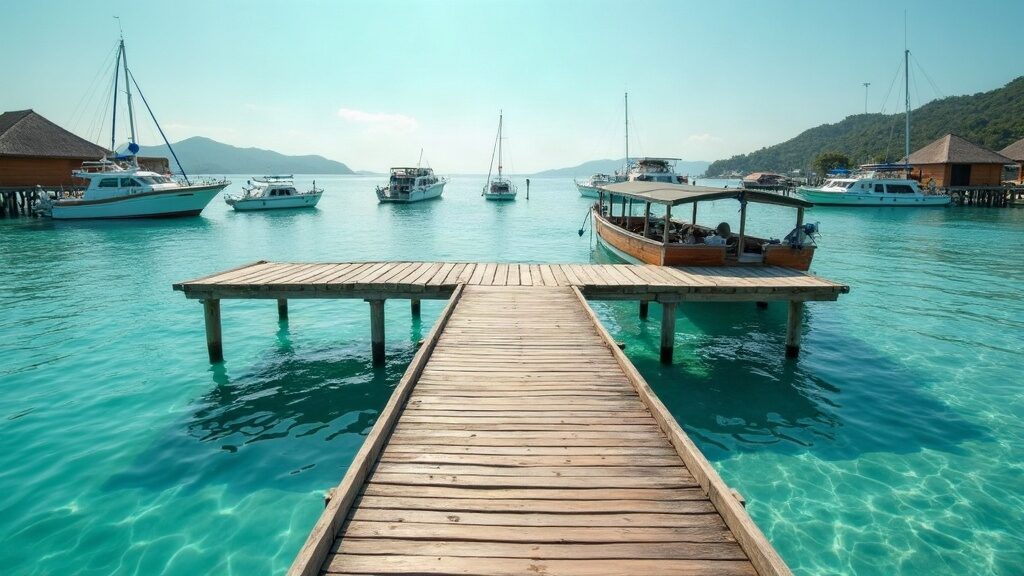 Illustrative scene of a plain wooden jetty and moored boats at a tropical island departure point (AI-generated illustration)