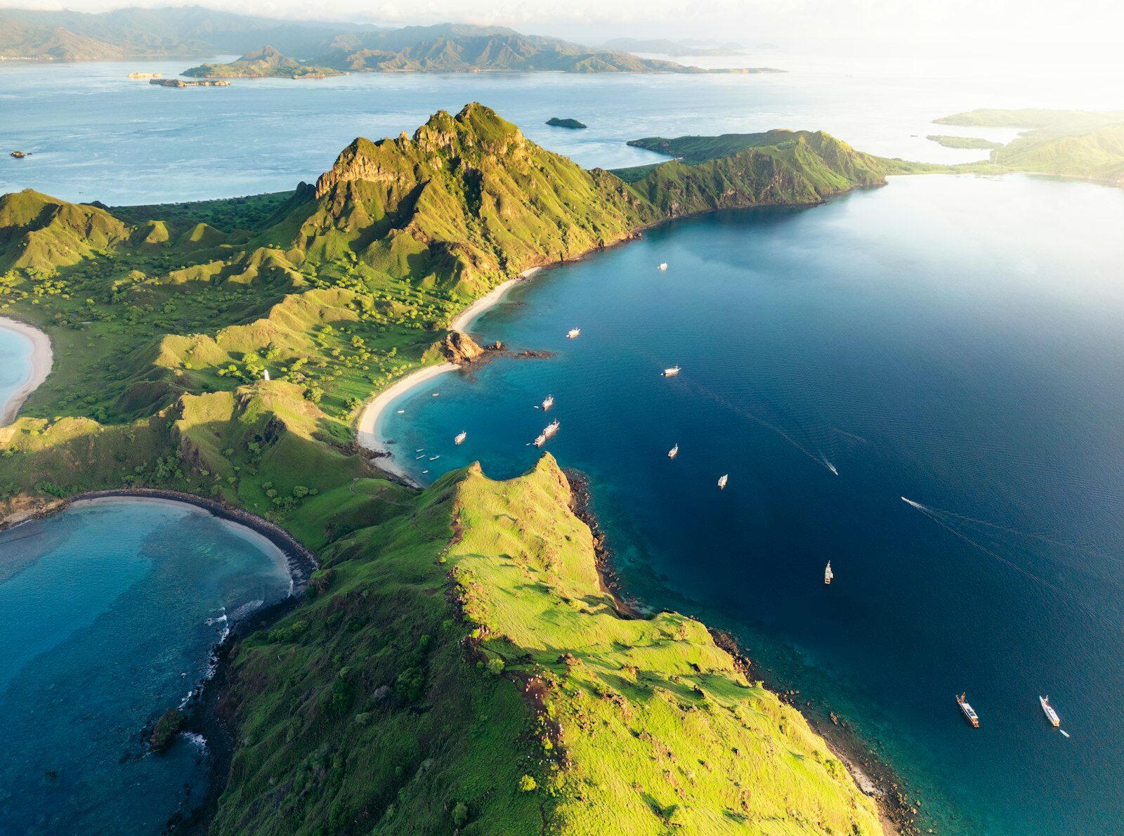 Aerial view of Padar Island's viewpoint trail and anchorage in Komodo National Park