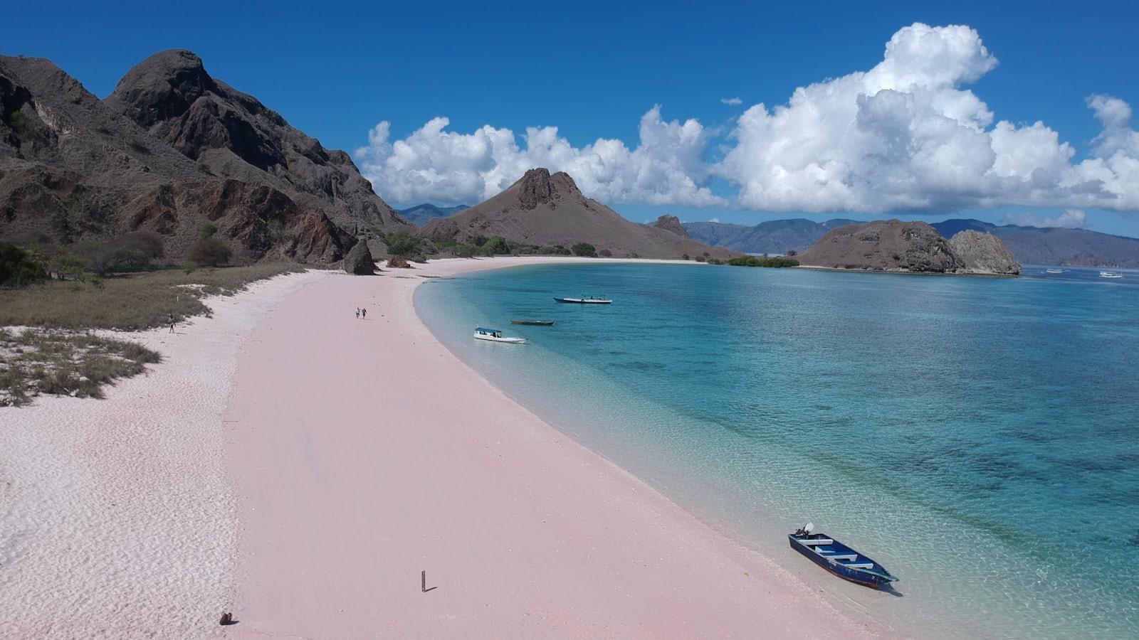 A boat is sitting on a pink beach