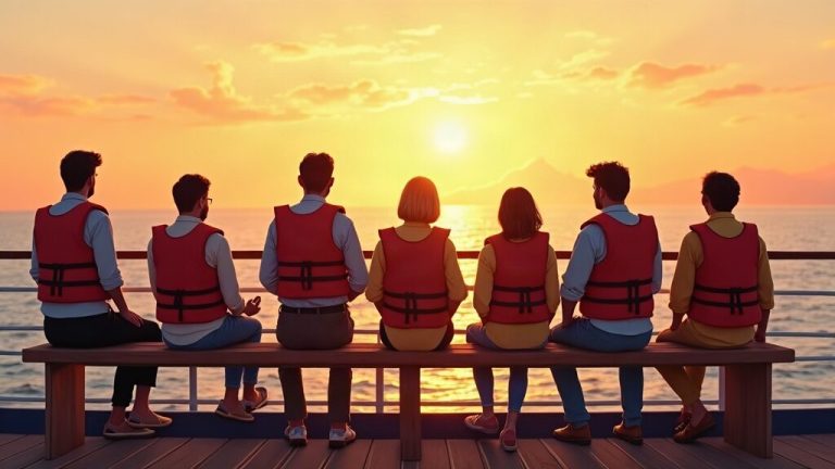 Illustrative scene of a boat safety briefing on deck (AI-generated illustration)