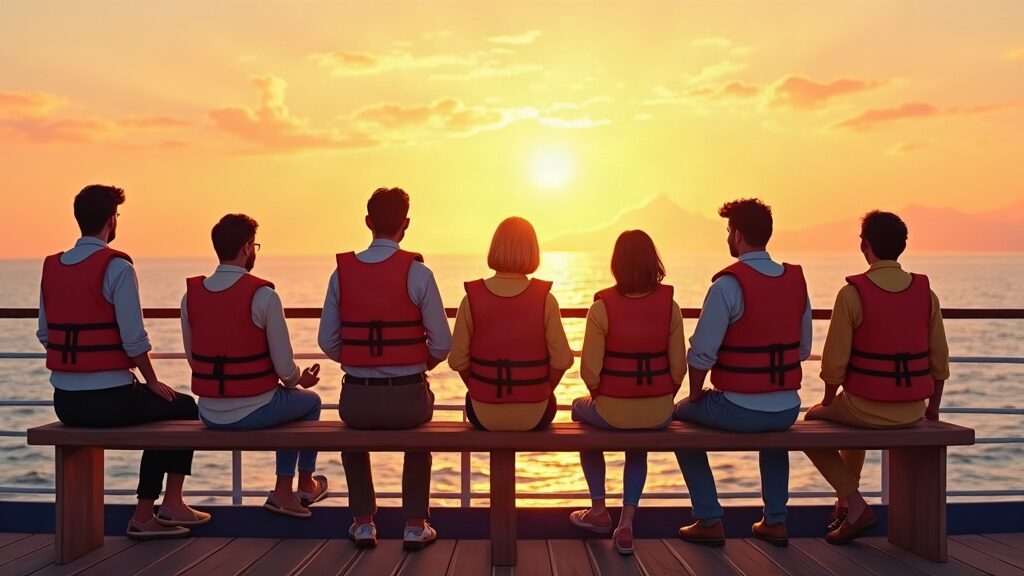 Illustrative scene of a boat safety briefing on deck (AI-generated illustration)