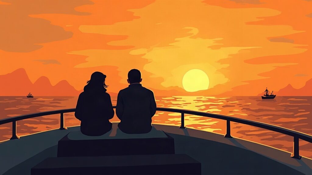 Illustrative scene of a couple watching the sunset from a boat deck (AI-generated illustration)