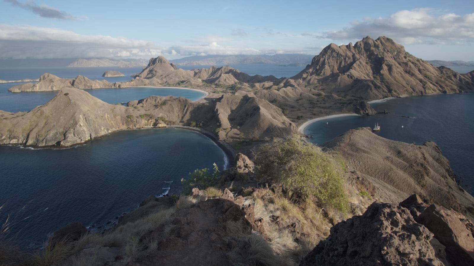 Rugged ridges and curved bays in Komodo National Park photographed from a summit viewpoint, with rocky ground in the foreground
