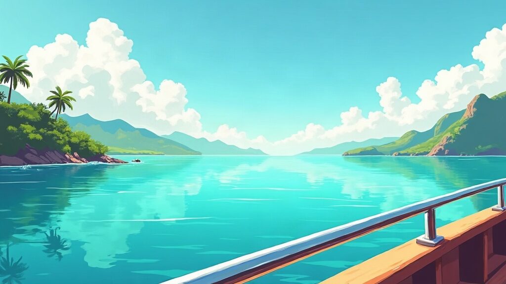 Illustrative scene of a calm sea and partly cloudy sky from a boat railing (AI-generated illustration)