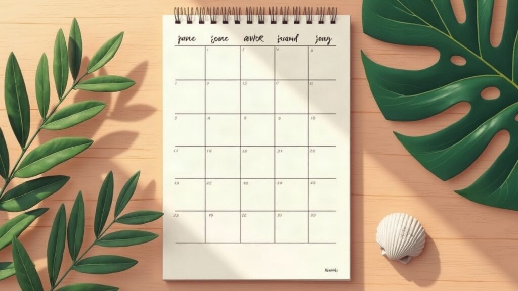 Illustrative flat-lay of a calendar with dried tropical leaves (AI-generated illustration)