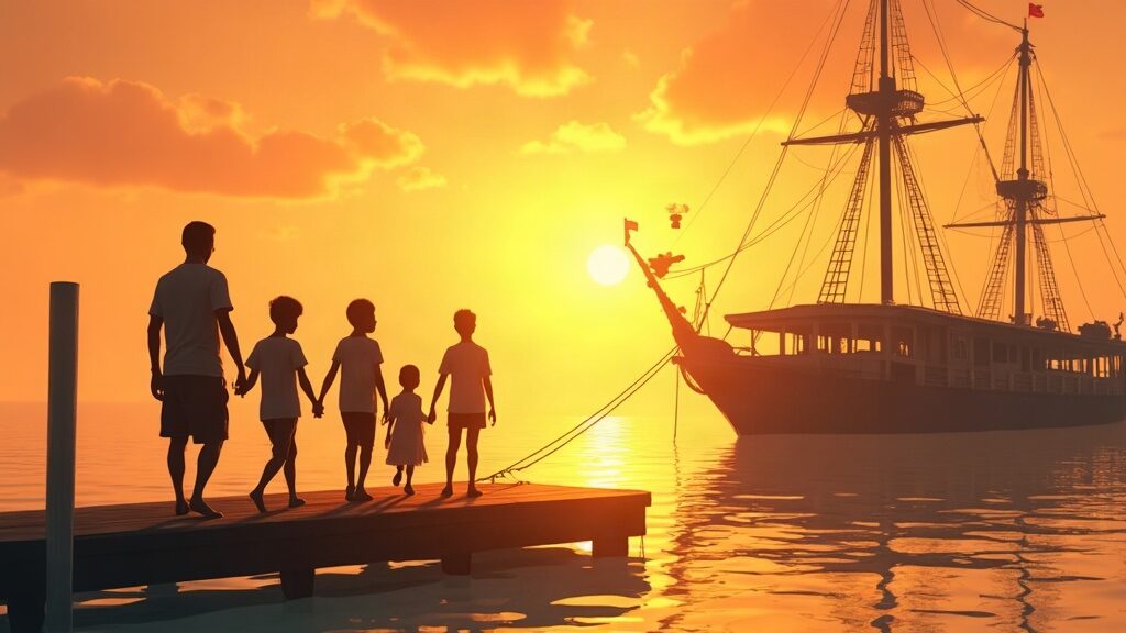 Illustrative scene of a family walking toward a liveaboard boat (AI-generated illustration)