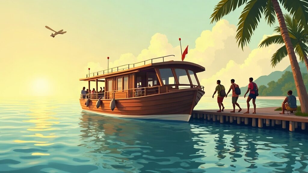 Illustrative scene of travellers boarding a liveaboard boat (AI-generated illustration)