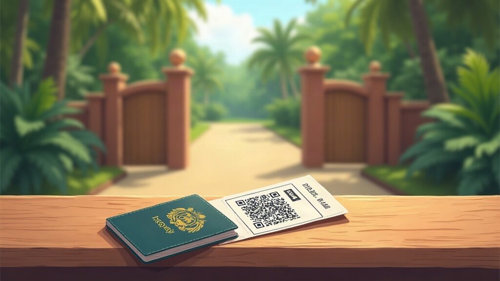 Illustrative scene of a QR ticket and passport at a park entrance counter (AI-generated illustration)