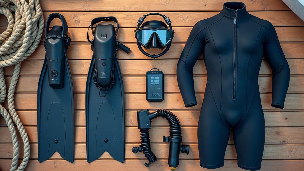 Illustrative flat-lay of scuba diving gear on a boat deck (AI-generated illustration)