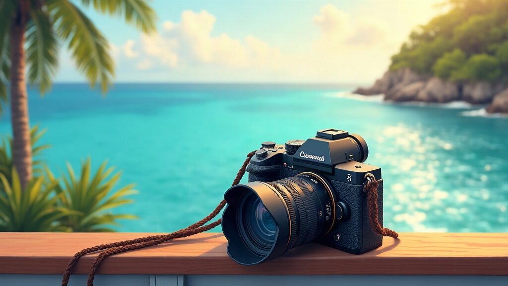 Illustrative scene of a camera with telephoto lens on a boat railing (AI-generated illustration)
