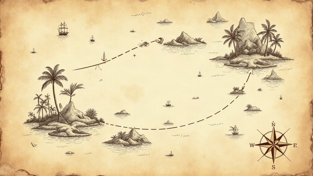 Illustrative hand-drawn style route map of scattered tropical islands (AI-generated illustration)
