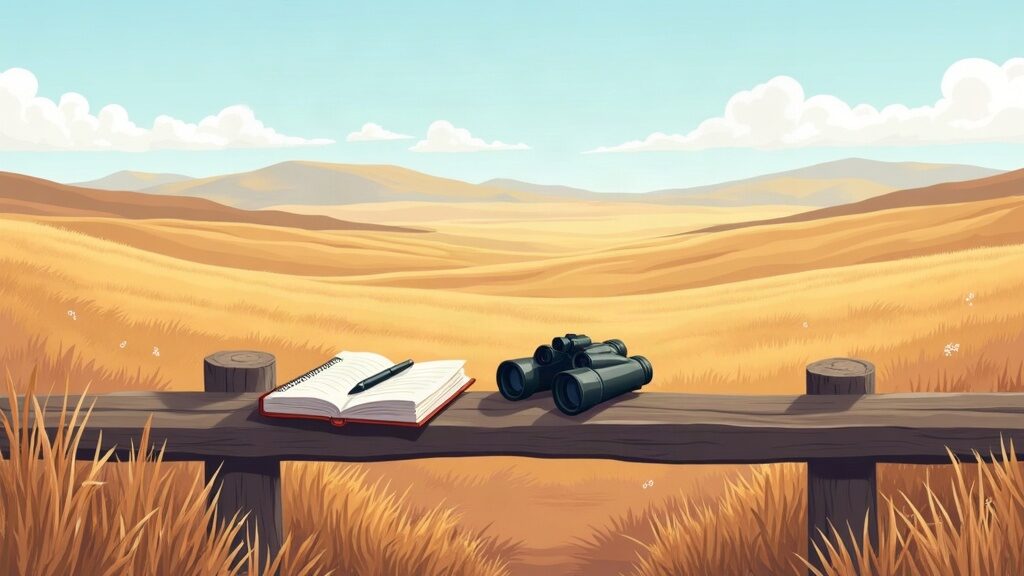 Illustrative scene of binoculars overlooking savanna hills (AI-generated illustration)