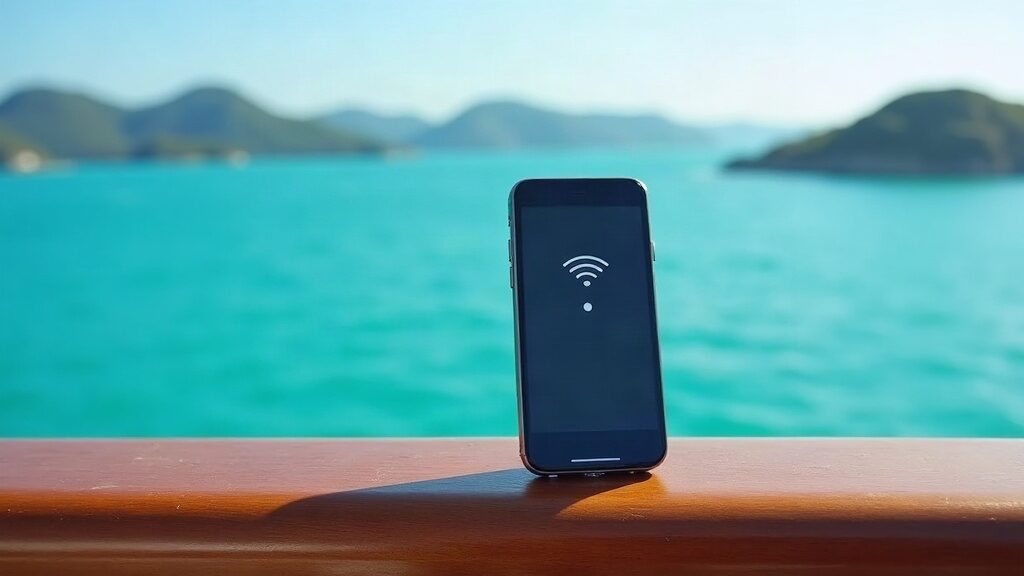 Illustrative scene of a smartphone showing a signal icon on a boat railing (AI-generated illustration)