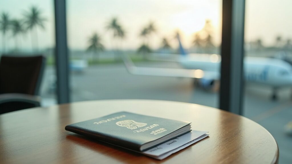 Illustrative scene of a passport and boarding pass on an airport table (AI-generated illustration)