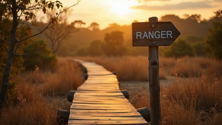 Illustrative scene of a ranger boardwalk trail through savanna woodland (AI-generated illustration)