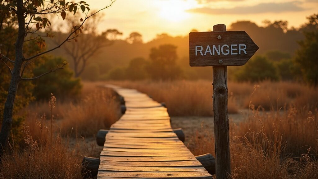 Illustrative scene of a ranger boardwalk trail through savanna woodland (AI-generated illustration)