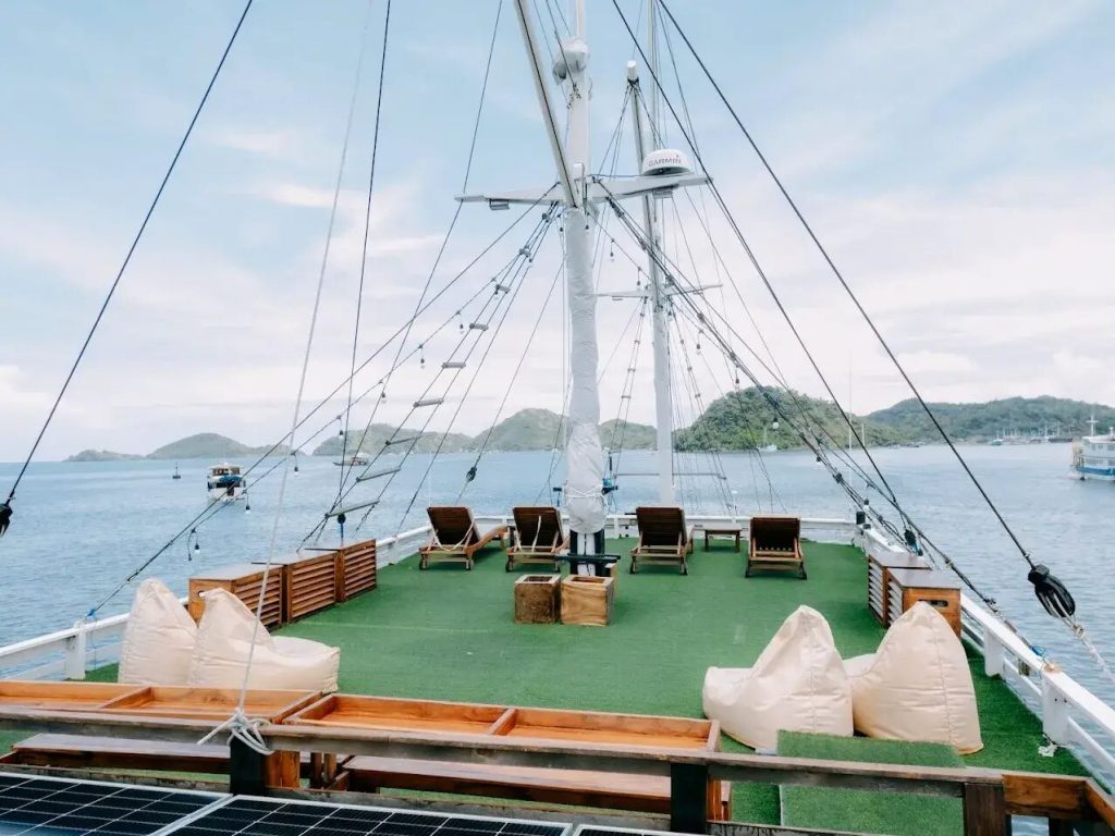 The sundeck of a phinisi at anchor in Komodo National Park