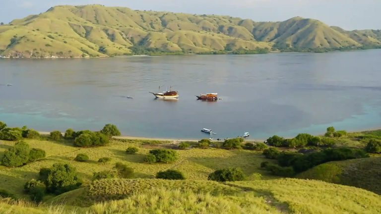 The Gili Lawa anchorage with boats moored in the bay