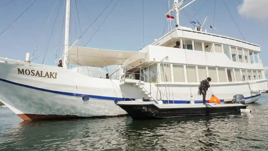 A small cruise ship anchored off a Komodo island