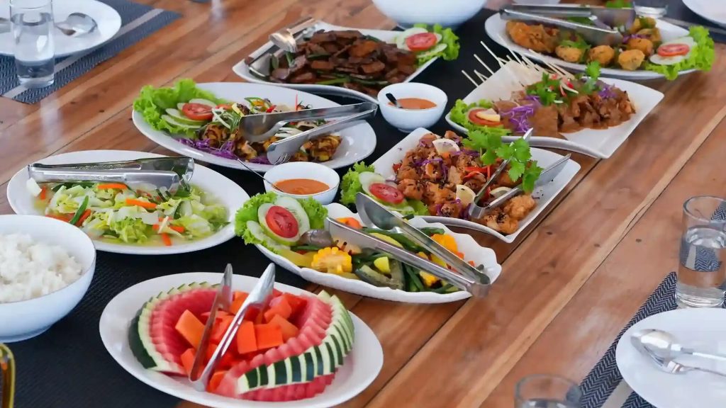 A buffet spread laid out on a Komodo boat