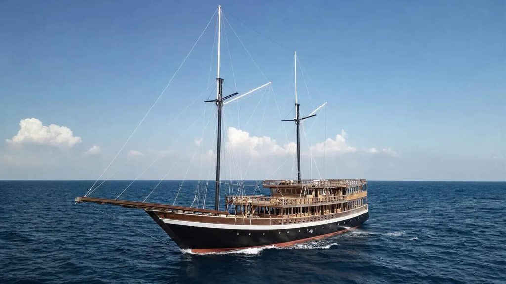 A phinisi under full sail on open water