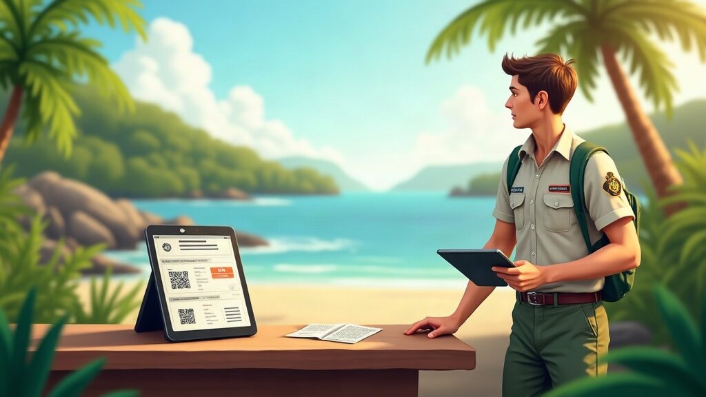 Illustrative scene of a digital park-entry permit check at a tropical departure dock (AI-generated illustration)