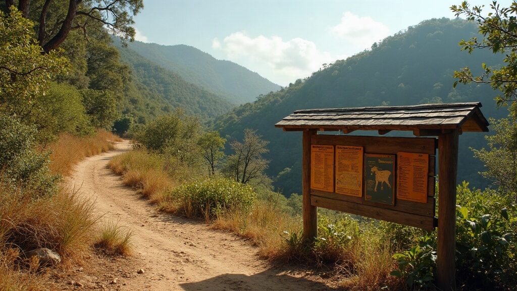 Illustrative scene of a park ranger trailhead sign at a tropical national park (AI-generated illustration)