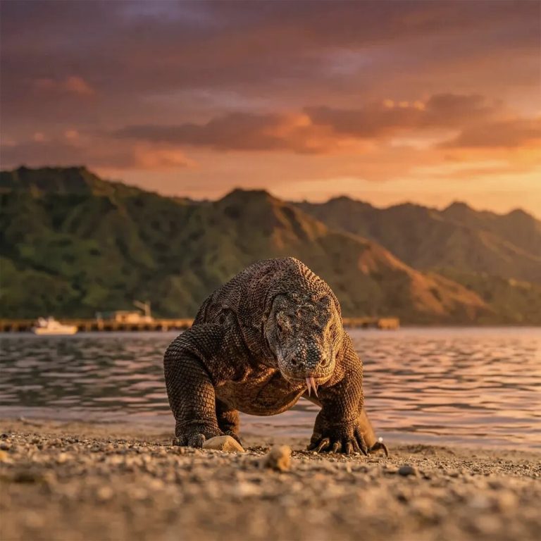 A Komodo dragon on the shoreline in warm late-afternoon light, with hills across the water behind